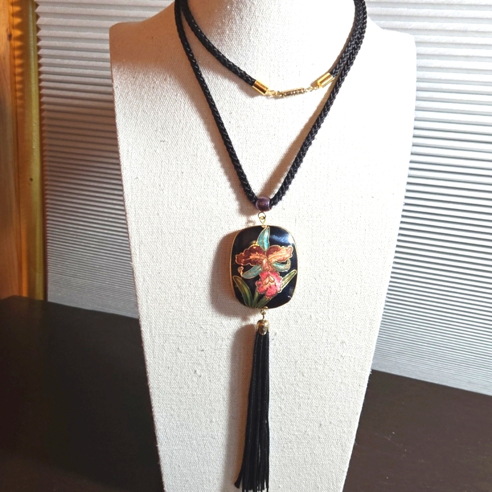 Cloissone Tasseled Pendant On Cord